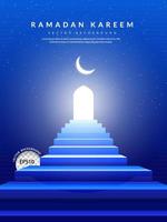 The blue stairway leads up to the mosque door on a night sky filled with stars and a moon, Ramadan Kareem background. vector illustration