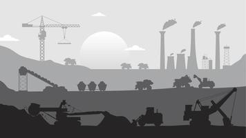 Mining view factory quarry landscape silhouette flat elements vector