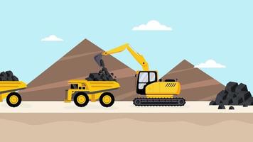 heavy machinery of excavator filling truck with coal materials vector