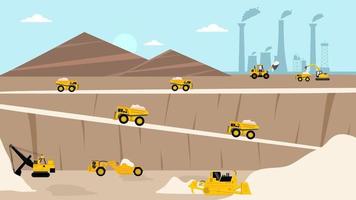 quarry landscape flat elements with mining vehicles. vector