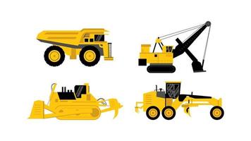 four yellow mining vehicle set flat element  on white background. vector