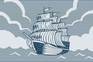 Hand drawing vintage sailboat sea ocean theme. vector