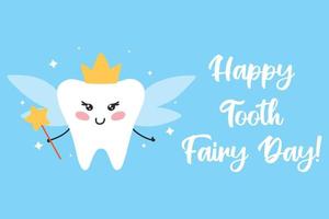 Cute card for tooth fairy day. Vector illustration. Flat cartoon style. tooth fairy in kawaii style.