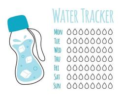 Water tracker vector template. . drinking water checklist. Water tracker with cool water bottle. vector illustration. Doodle style.