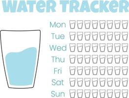 Water tracker vector template. . drinking water checklist. Water tracker with cool water glass. vector illustration. Doodle style.