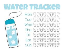 Water tracker vector template. . drinking water checklist. Water tracker with cool water bottle. vector illustration. Doodle style.