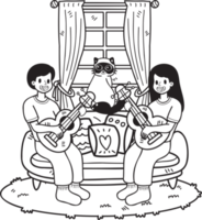 Hand Drawn The owner plays guitar with the cat in the living room illustration in doodle style png