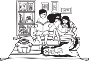 Hand Drawn owner reads a book with the dog and cat in the room illustration in doodle style png