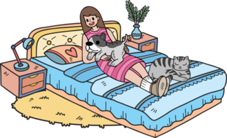le propriétaire dessiné à la main dort avec le chien et le chat dans l'illustration de la chambre dans un style doodle png