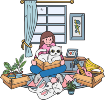 propriétaire dessiné à la main avec chat et cadeau dans l'illustration de la chambre dans un style doodle png