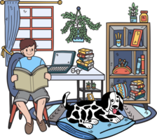 le propriétaire dessiné à la main lit un livre avec le chien dans l'illustration de la chambre dans un style doodle png