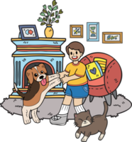 Hand Drawn owner plays with the dogs and cats in living room illustration in doodle style png