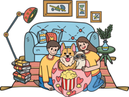 los dueños dibujados a mano están viendo películas en mantas con ilustraciones de perros y gatos en estilo garabato png