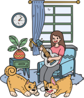 dibujado a mano el dueño toca la guitarra con el perro en la ilustración de la habitación en estilo garabato png