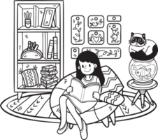 Hand Drawn The owner sits and reads a book with the cat in the living room illustration in doodle style png