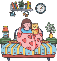mano disegnato il proprietario si siede abbracciare il gatto nel il coperta nel il Camera da letto illustrazione nel scarabocchio stile png