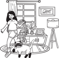 Hand Drawn The owner walks with the cat in the room illustration in doodle style png