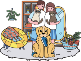 Hand Drawn The owner carries the cat with dog holding shoes illustration in doodle style png