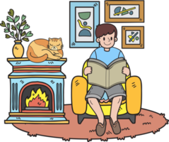 Hand Drawn The owner reads a book with the cat in the living room illustration in doodle style png