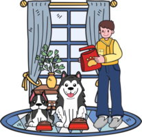 propriétaire masculin dessiné à la main nourrissant le chien dans l'illustration de la chambre dans un style doodle png