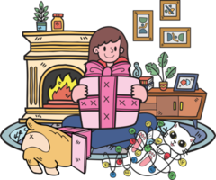 Hand Drawn Woman holding a gift with dog and cat illustration in doodle style png