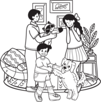 Hand Drawn Family playing with dog and cat in living room illustration in doodle style png