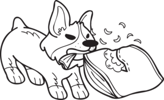 dibujado a mano perro corgi mordiendo almohada ilustración en estilo doodle png