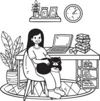 Hand Drawn The owner sits and hugs the cat in the office illustration in doodle style png