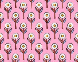 groovy background. Seamless bright repeat pattern of simple blooming flowers in 1970s psychedelic hippie style. graphic decor ornament in retro design. vector illustration