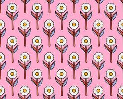 groovy background. Seamless bright repeat pattern of simple blooming flowers in 1970s psychedelic hippie style. graphic decor ornament in retro design. vector illustration