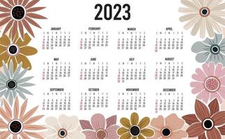 Calendar 2023 with 12 months. Sunday week start annual calendar. Single page calendar template with hand drawn boho plants and flowers. vector illustration