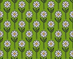 groovy background. Seamless bright repeat pattern of simple blooming flowers in 1970s psychedelic hippie style. graphic decor ornament in retro design. vector illustration