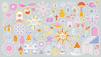 Magic background groovy in retro trend style with clipart elements. Decorative mystical vector isolated pattern. clipart stickers. Esoteric element witchcraft. Collection of occult symbols y2k
