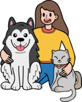 perro husky dibujado a mano con ilustración de gato y propietario en estilo garabato png