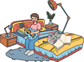 Hand Drawn The owner plays guitar with the cat in the bedroom illustration in doodle style png