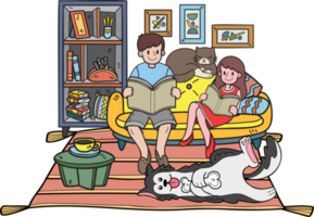 Hand Drawn owner reads a book with the dog and cat in the room illustration in doodle style png