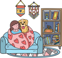 dessiné à la main le propriétaire a étreint le chien dans l'illustration de la chambre dans un style doodle png