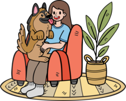 cão pastor alemão desenhado à mão abraçado pela ilustração do proprietário no estilo doodle png