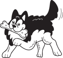 chien husky dessiné à la main tenant l'illustration de l'os dans un style doodle png