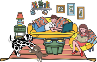 el dueño dibujado a mano está durmiendo con el perro y el gato en la ilustración de la habitación en estilo garabato png