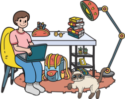 Hand Drawn Owner working on laptop with cat in office illustration in doodle style png