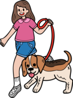 perro beagle dibujado a mano caminando con la ilustración del propietario en estilo garabato png