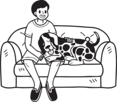 chien dalmatien dessiné à la main avec propriétaire et illustration de canapé dans un style doodle png