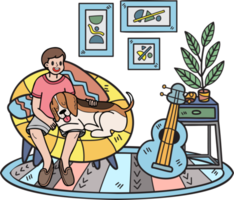 Hand Drawn owner and dog are sleeping in the room illustration in doodle style png