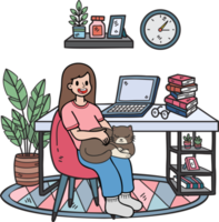 Hand Drawn The owner sits and hugs the cat in the office illustration in doodle style png