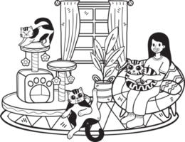 Hand Drawn The owner sits with the cat in the living room illustration in doodle style png