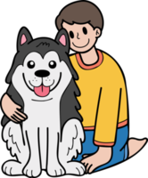 el dueño dibujado a mano abraza la ilustración del perro husky en estilo garabato png