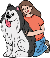 perro husky dibujado a mano abrazado por la ilustración del propietario en estilo garabato png