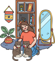 Hand Drawn woman hugging cat in the room illustration in doodle style png