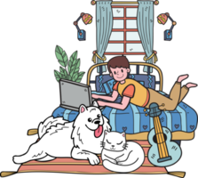 hand- getrokken eigenaar werken Aan laptop met hond en kat in slaapkamer illustratie in tekening stijl png
